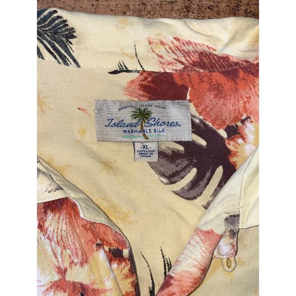 Mens Island Shores Yellow 100% Silk Tropical Floral Print Hawaiian Shirt XL - Picture 5 of 7